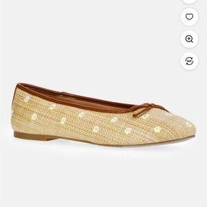 Daisy-Embroidered Beige Straw Ballet Flat with Brown Trim